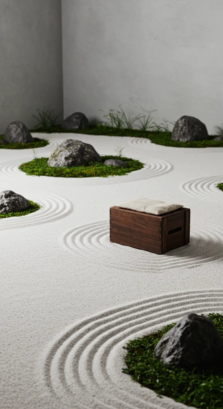 Eine dunkle Holzkiste mit beigem Kissen in der Mitte eines japanischen Zen-Gartens.