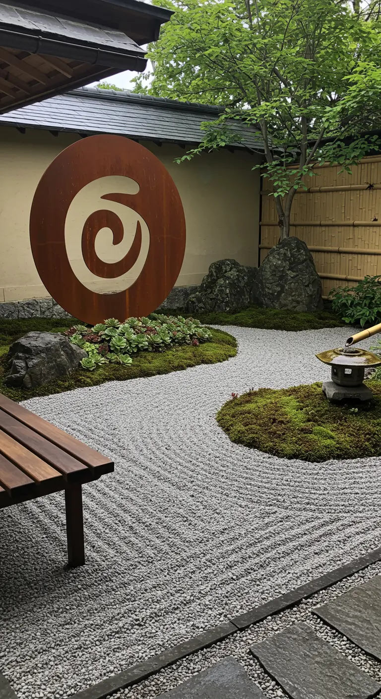 Ein japanischer Zen-Garten mit geharktem Kies und Sukkulenten um eine Skulptur.