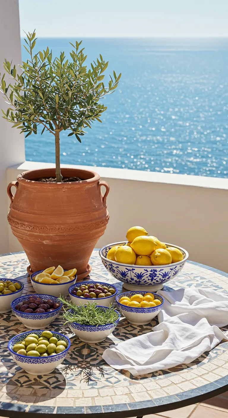 Mediterrane Cocktail-Garnish-Station mit Zitronen, Oliven und einem Olivenbaum am Meer.