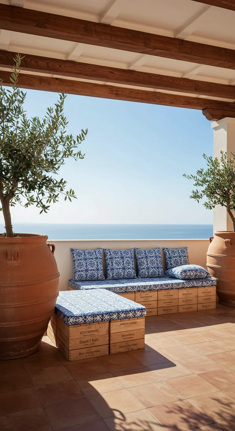 Lange Sitzbank aus Weinkisten mit blau-weißen Kissen auf einer Terrasse mit Meerblick.