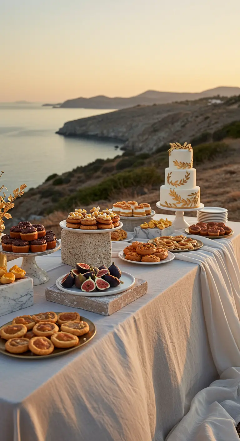 Desserttisch mit Leinentischtuch und Steinblöcken vor einer Küstenlandschaft im Abendlicht