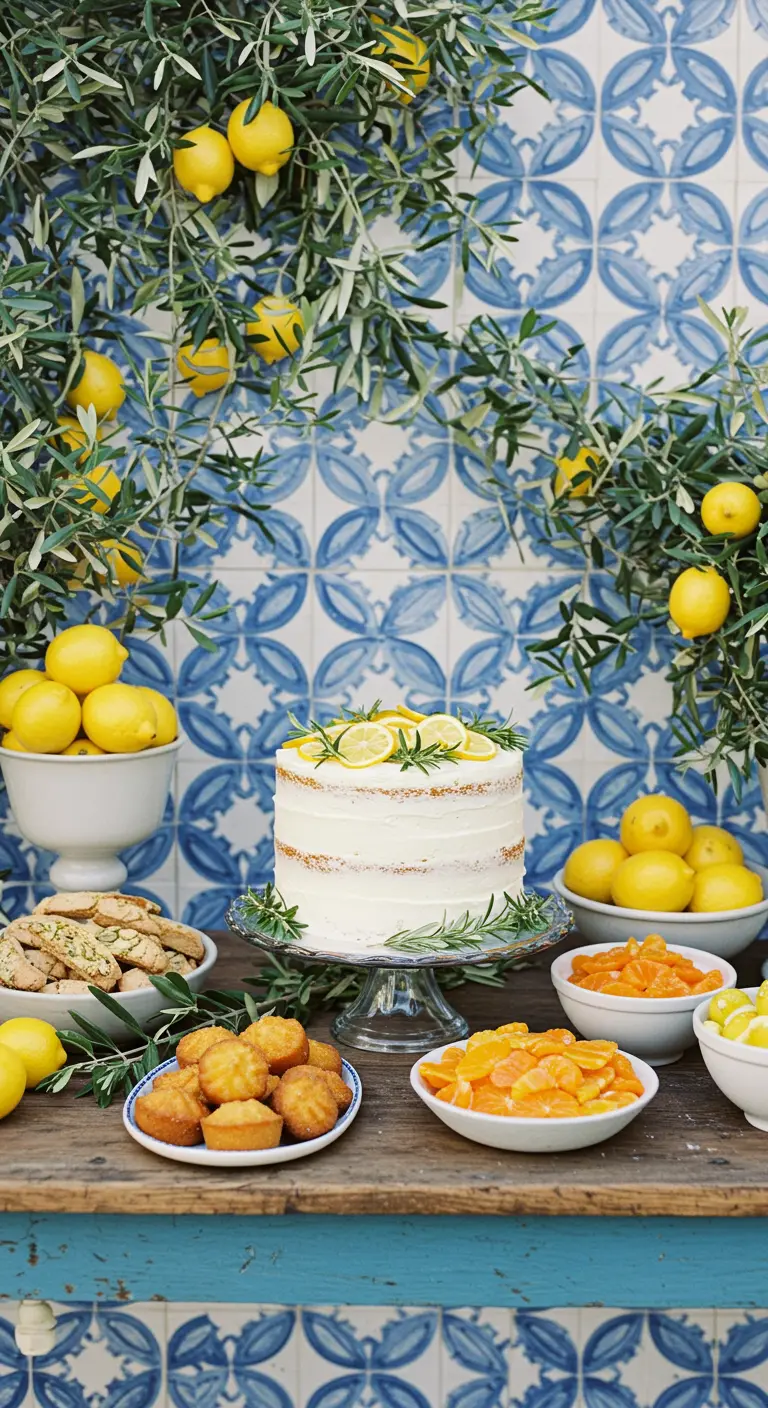 Zitronentorte vor einer blau-weißen Fliesenwand, umgeben von frischen Zitrusfrüchten.
