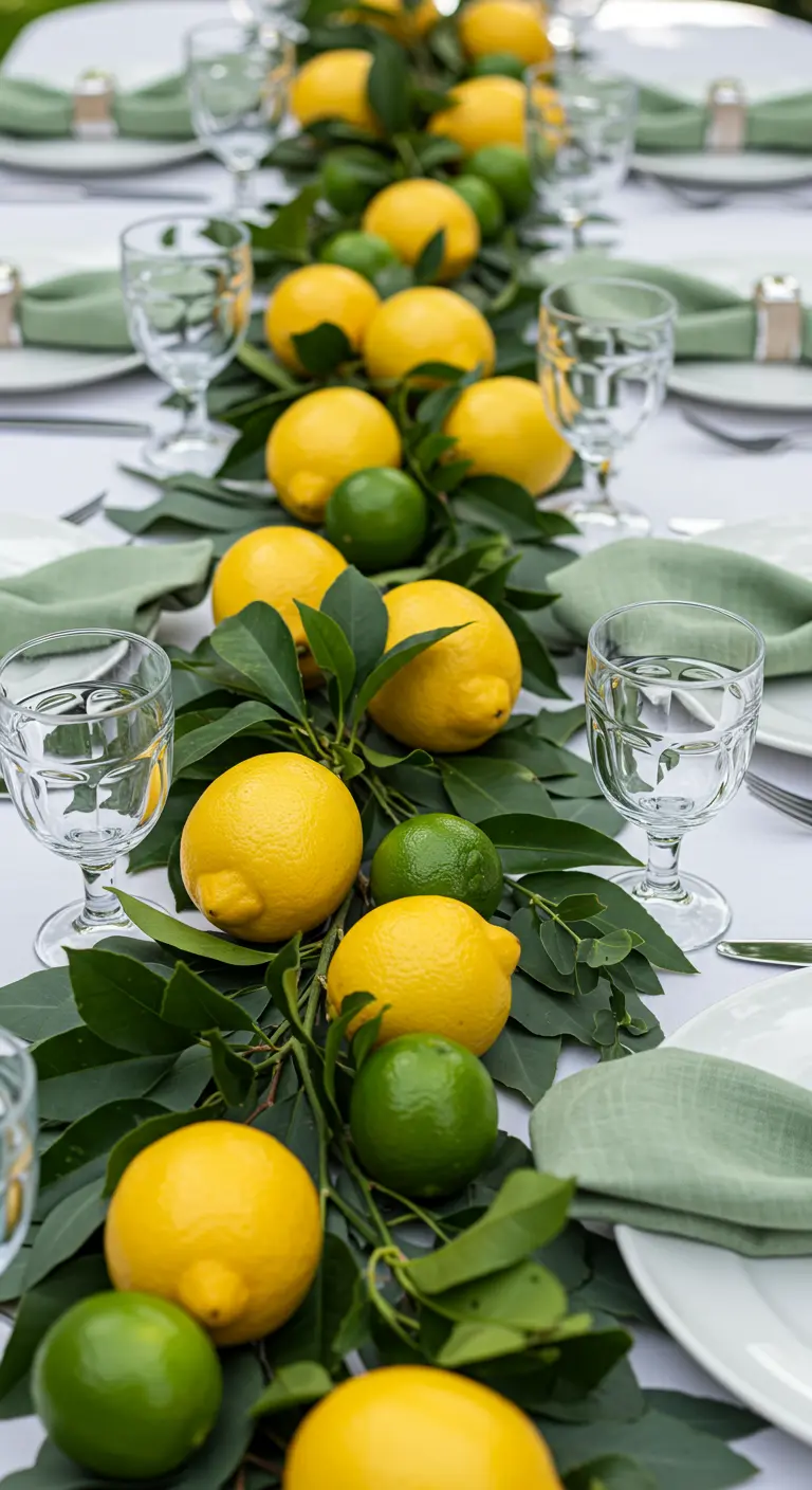 Tischläufer aus grünen Blättern mit gelben Zitronen und grünen Limetten.