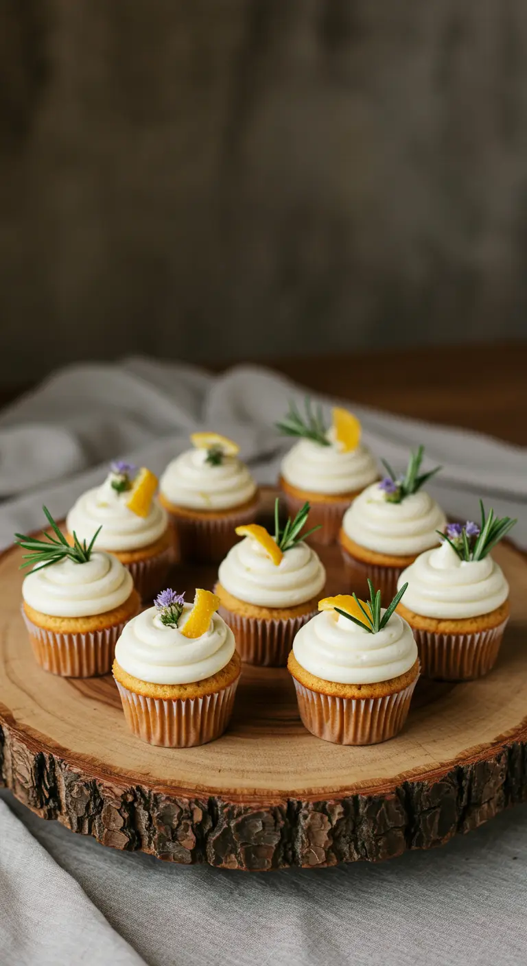 Cupcakes auf einer Holzscheibe, garniert mit frischem Rosmarin und Zitronenzeste.