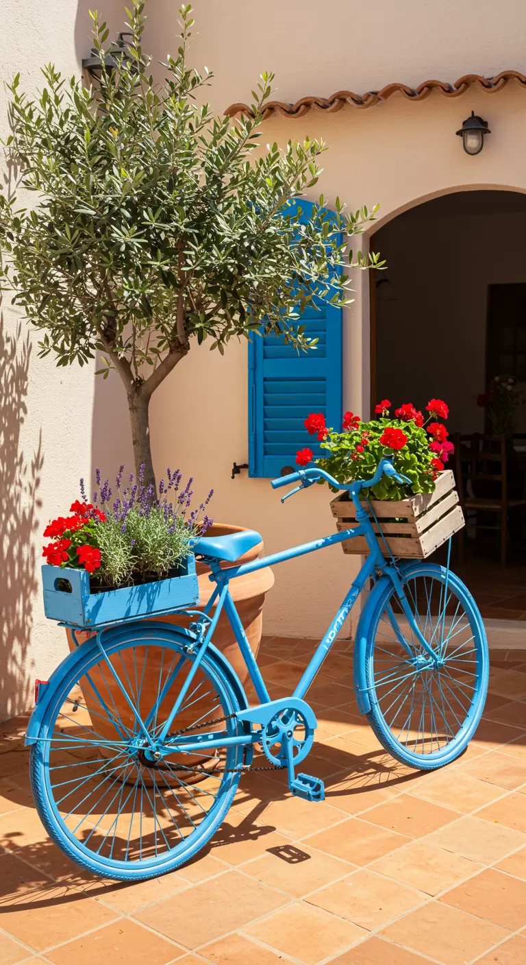 Himmelblaues Fahrrad mit Geranien und Lavendel auf einer sonnigen Terrasse.