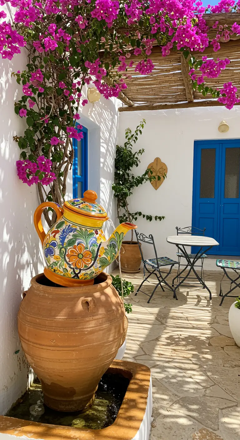 Große, bunte Teekanne auf einer Terrakotta-Amphore als Brunnen im mediterranen Stil.