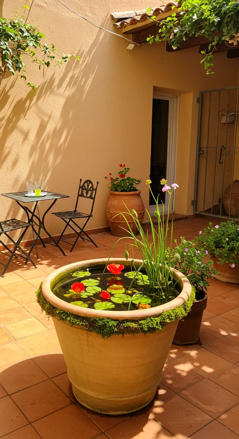Ein großer Terrakotta-Topf mit roten Seerosen und Gräsern auf einer sonnigen Terrasse.