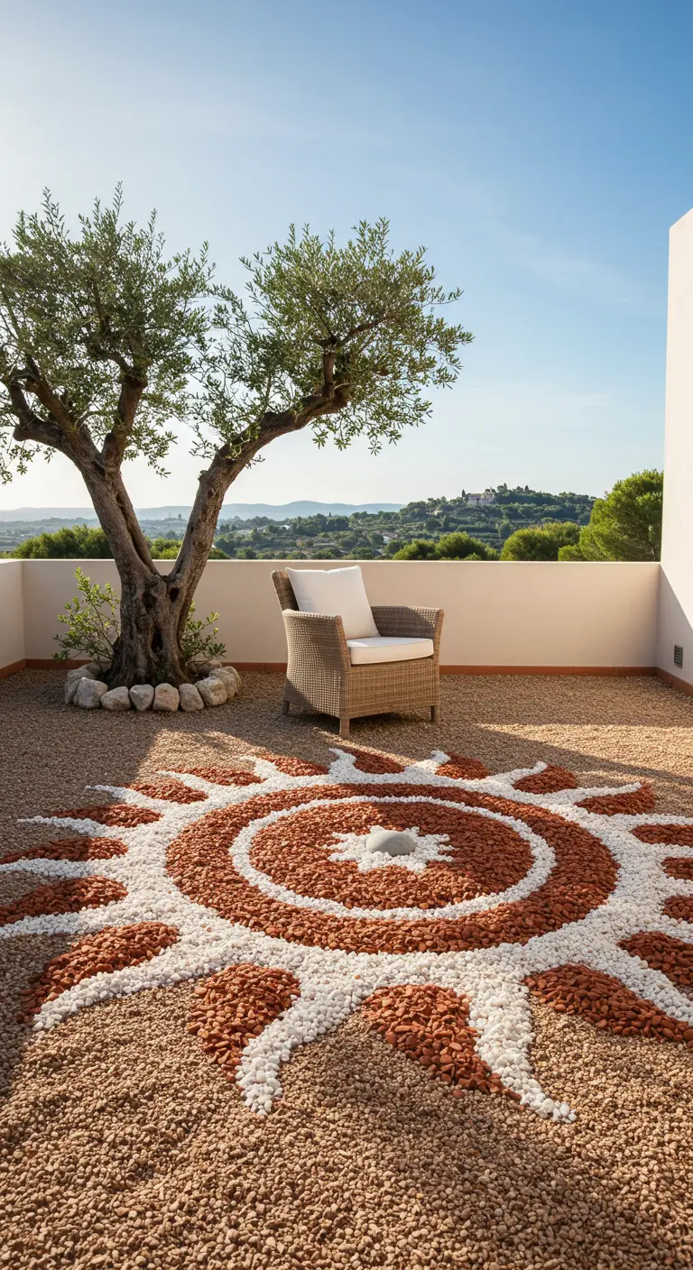 Ein großes Sonnen-Mandala aus roten und weißen Kieseln auf einer Terrasse mit Olivenbaum.