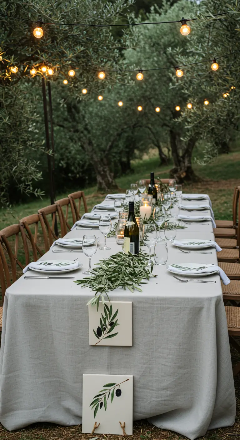 Lange Tafel im Freien mit Leinentischdecke und einer Girlande aus Olivenzweigen.