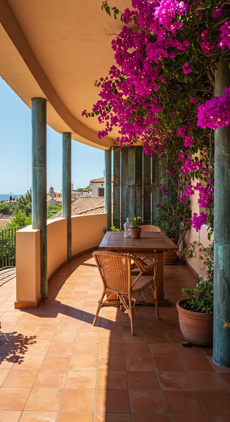 Gebogener Balkon mit türkisfarbenen Metallsäulen und einer üppig blühenden pinken Bougainvillea.