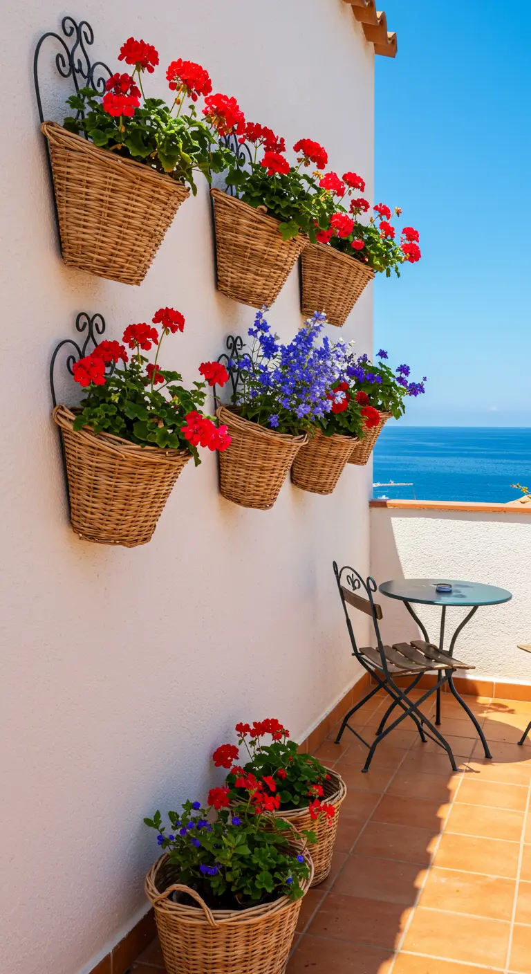 An einer weißen Wand befestigte Weidenkörbe mit roten Geranien auf einem Balkon am Meer.