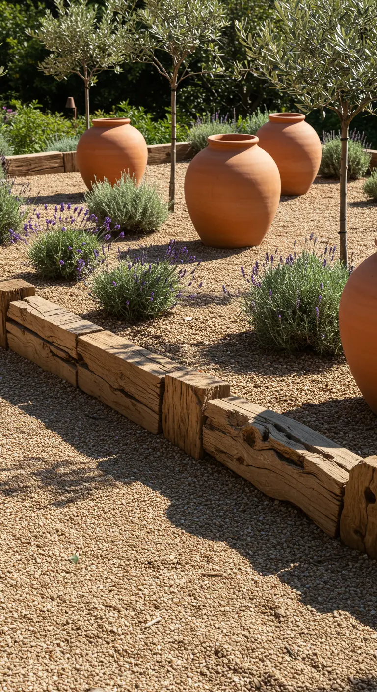 Eine niedrige Beetbegrenzung aus massiven, alten Holzbalken in einem Kiesgarten mit Lavendel.
