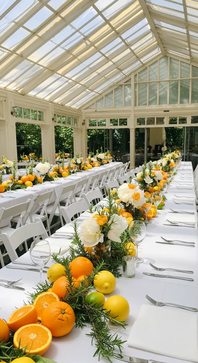 Langer Tischläufer aus Orangen, Zitronen, Rosmarin und weißen Blumen in einem Gewächshaus.