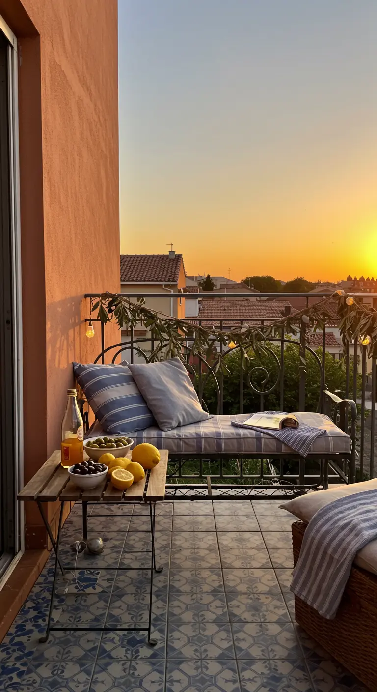 Balkon mit schmiedeeisernem Geländer, Zitronen und Oliven auf einem kleinen Tisch.