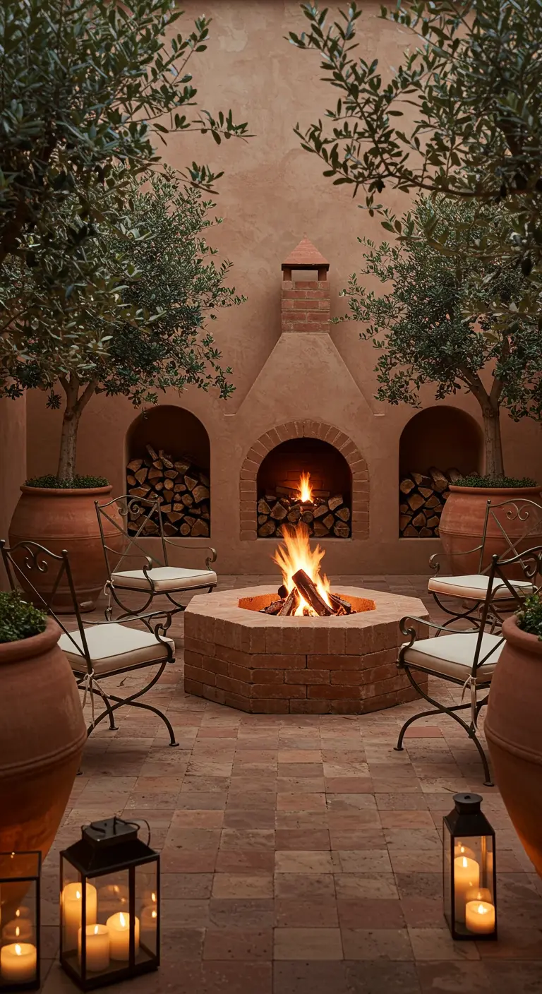 Feuerstelle in einem mediterranen Innenhof mit Terrakotta-Wänden und Olivenbäumen.