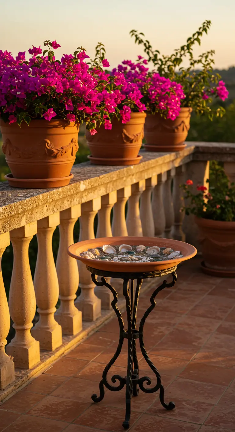 Terrakotta-Vogelbad mit Muscheln auf einem schmiedeeisernen Ständer auf einer sonnigen Terrasse.