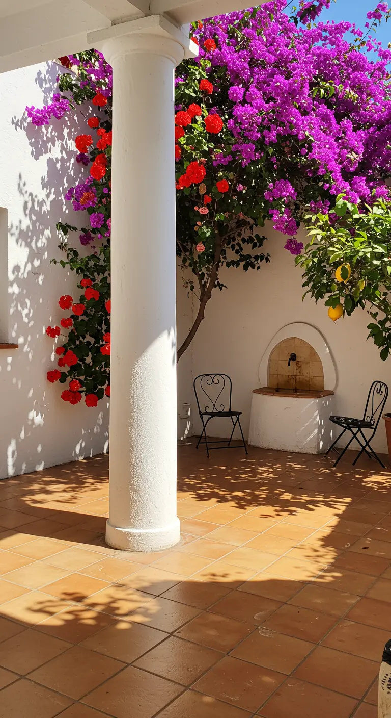 Eine weiß gestrichene Säule auf einer Terrakotta-Terrasse, umrankt von lila Bougainvillea.