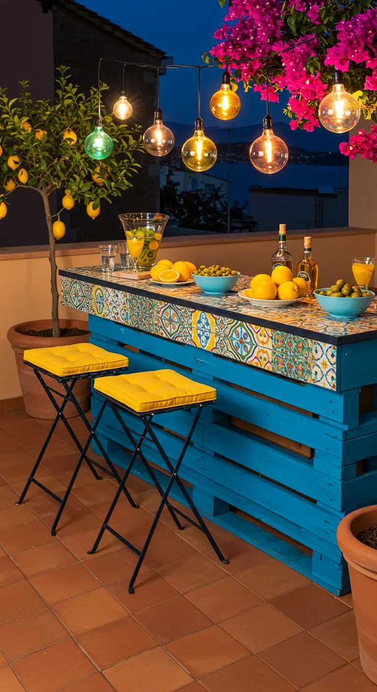 Blaue Palettenbar mit einer bunten Mosaik-Theke und einem Zitronenbaum.