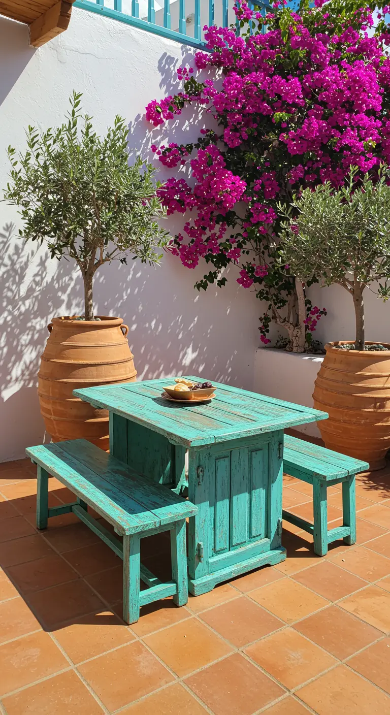 Türkisfarbener Tisch mit Bänken aus alten Türen auf einer sonnigen Terrasse.