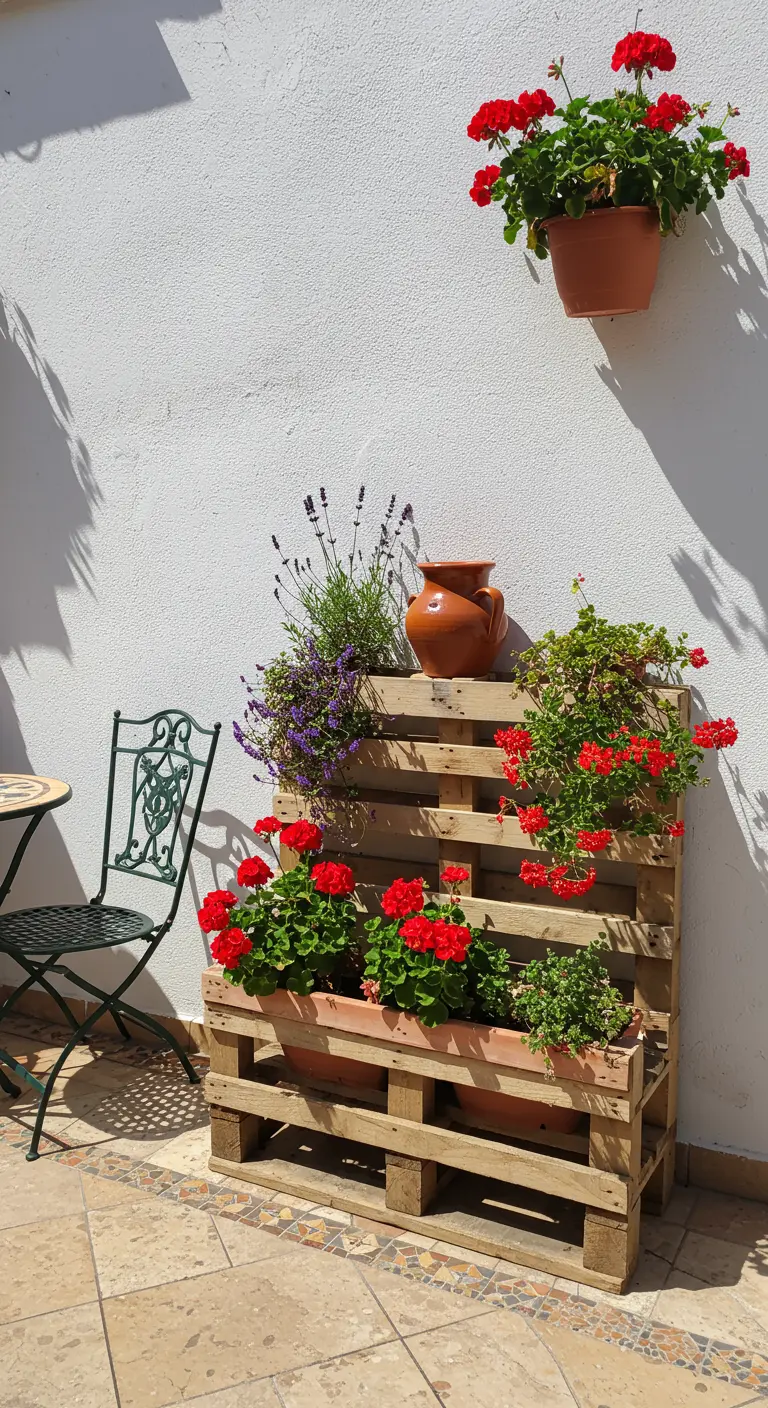 Unbehandelte Palette mit roten Geranien und Lavendel, die an einer weißen Wand lehnt.