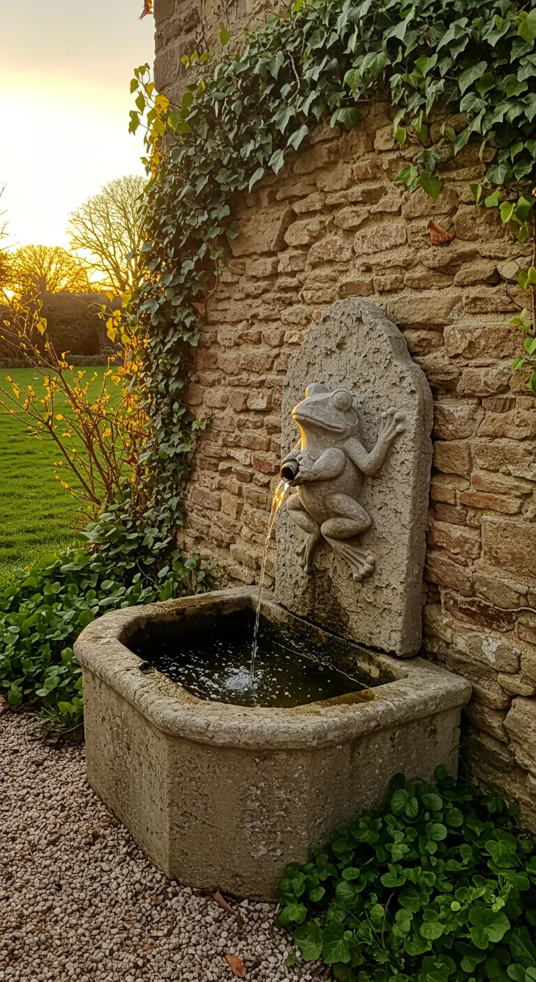 Ein Frosch-Wandbrunnen aus Stein, integriert in eine alte Steinmauer bei Sonnenuntergang.