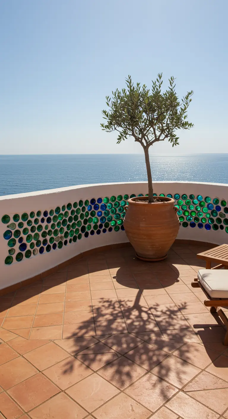 Eine weiße, geschwungene Terrassenmauer mit eingearbeiteten grünen und blauen Flaschenböden am Meer.