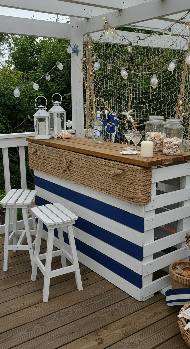 Weiß-blau gestreifte Palettenbar im maritimen Stil mit Fischernetz.
