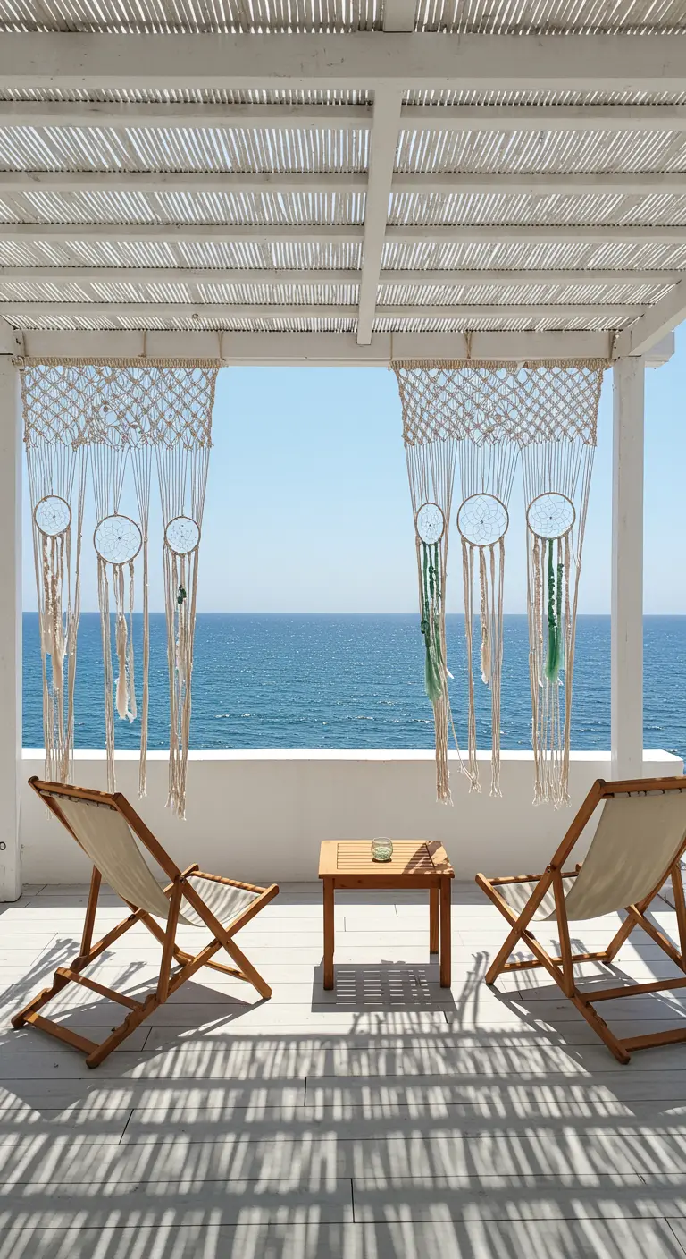 Zwei Makramee-Vorhänge mit Traumfängern an einer weißen Pergola mit Meerblick.