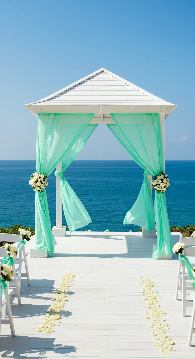 Ein weißer Hochzeitspavillon am Meer, dekoriert mit mintgrünen, im Wind wehenden Stoffbahnen