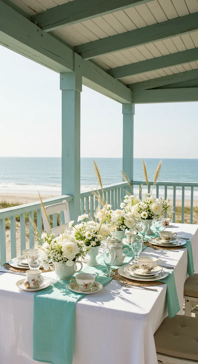 Tisch am Meer mit mintgrünem Läufer und Teetassen mit weißen Rosen und Dünengras.