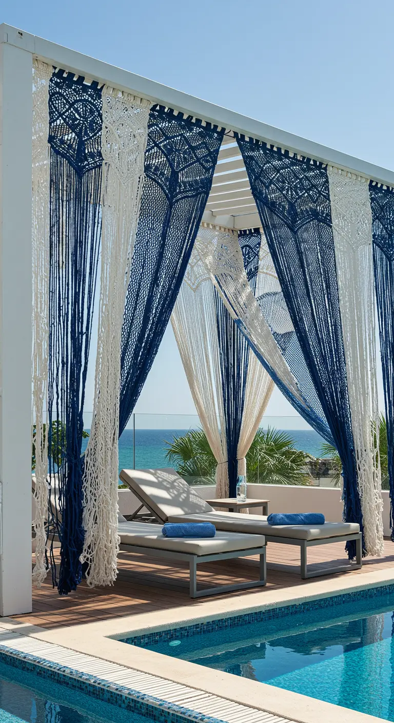 Blau-weiße Dip-Dye-Makramee-Vorhänge an einer Cabana neben einem Swimmingpool.