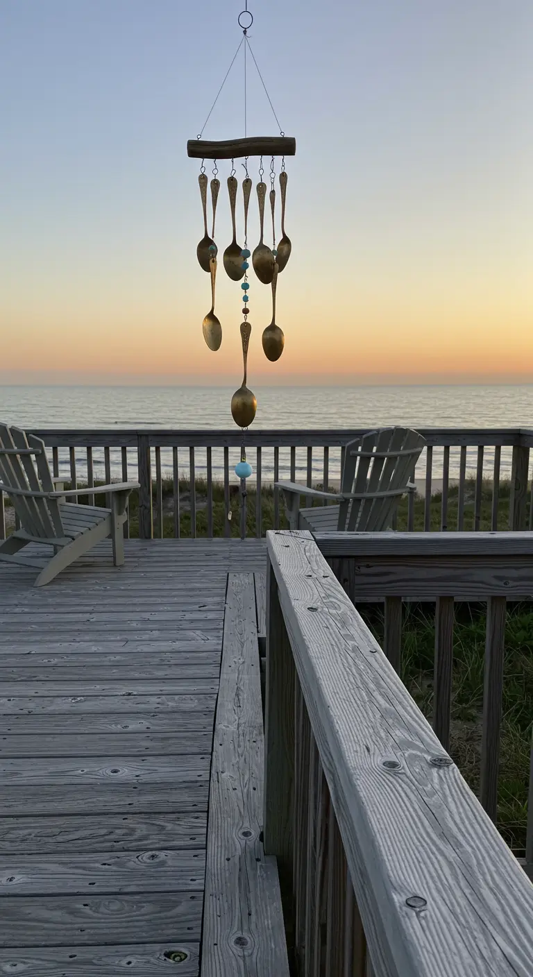 Windspiel aus Löffeln und Treibholz auf einer Holzterrasse mit Blick auf das Meer.