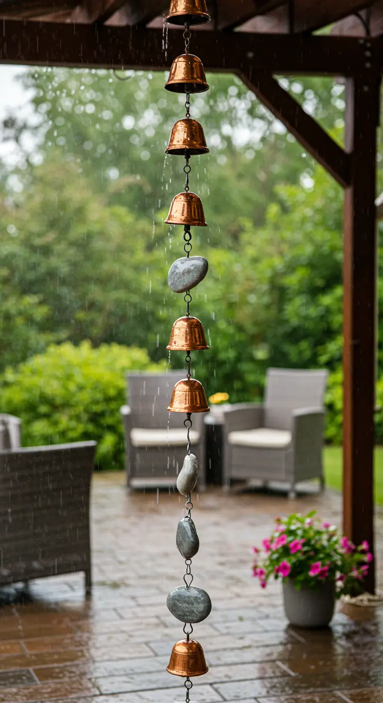 Regenrinne aus Kupferglocken und grauen Flusssteinen an einer Terrasse im Regen.