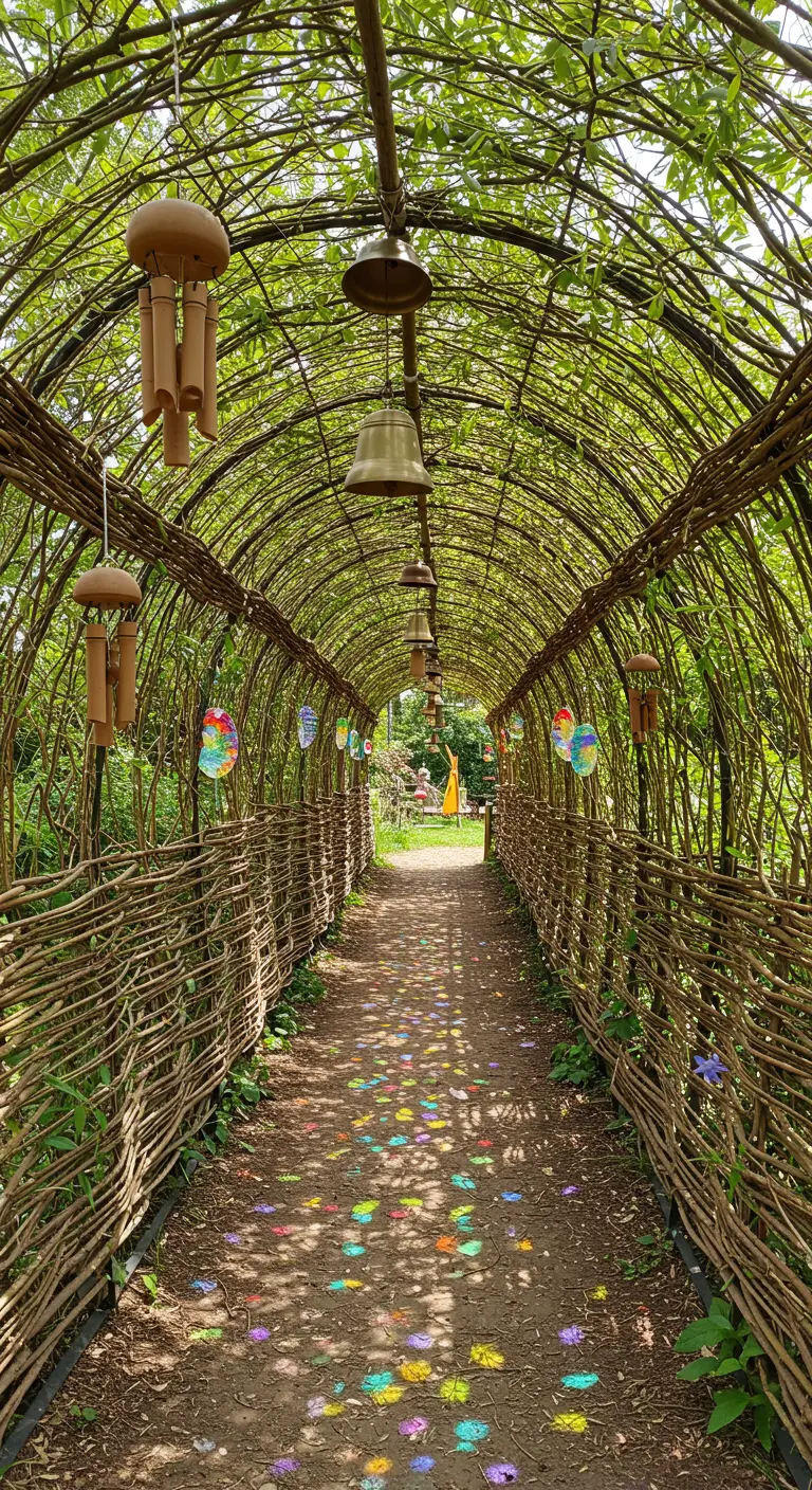 Ein grüner Weidentunnel mit geflochtenen Seiten, von dessen Decke Windspiele hängen.