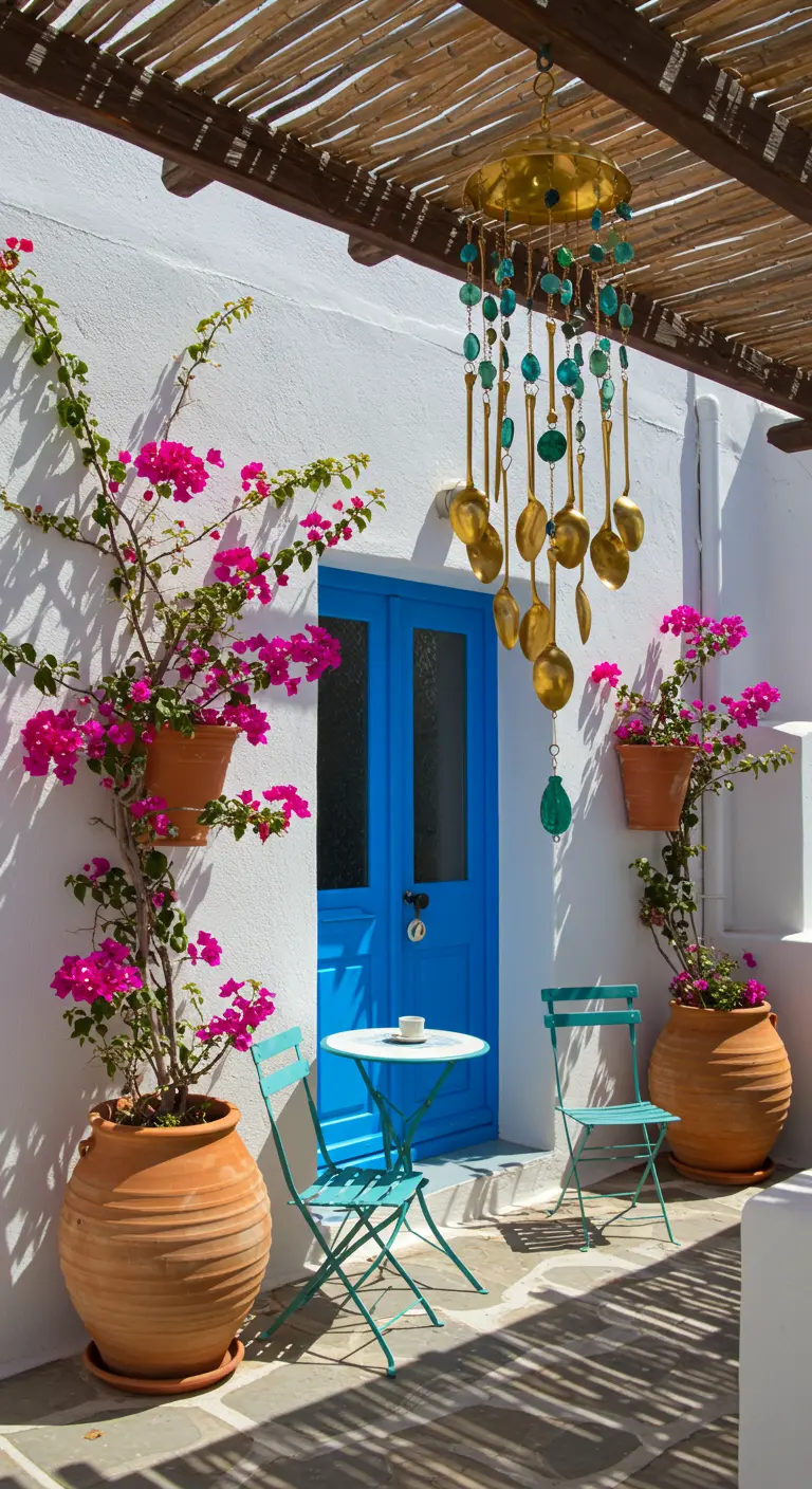 Gold-türkises Windspiel aus Löffeln vor einer blauen Tür und pinken Bougainvillea.