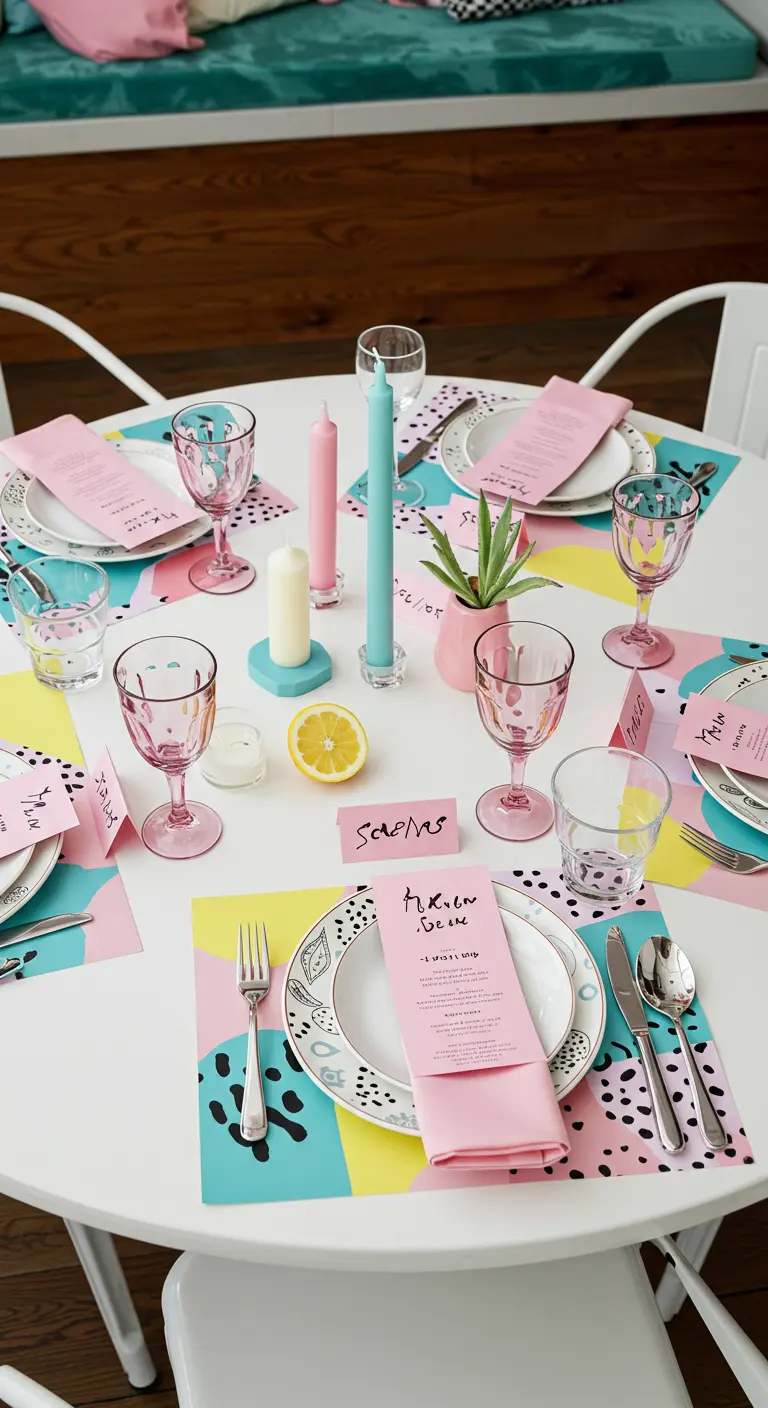Bunt gedeckter Tisch mit Memphis-Design-Tischsets und rosa Menükarten.