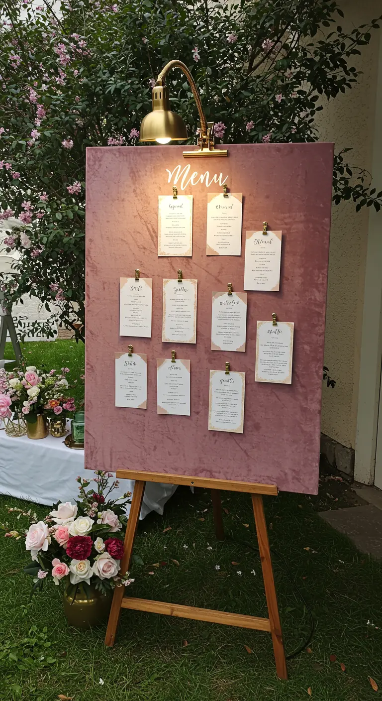 Große, mit rosa Samt bespannte Tafel auf einer Staffelei, auf der Menükarten mit Goldklemmen befestigt sind