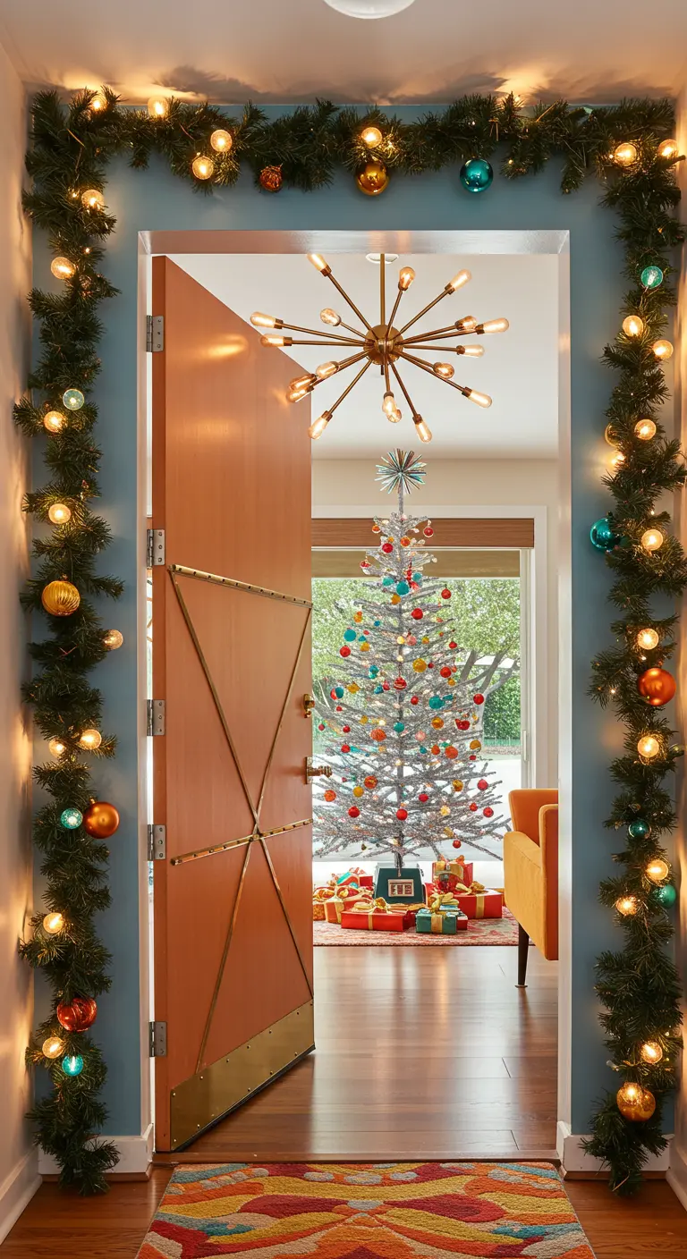 Türrahmen mit bunter Lichterkette, die den Blick auf einen silbernen Retro-Weihnachtsbaum freigibt.