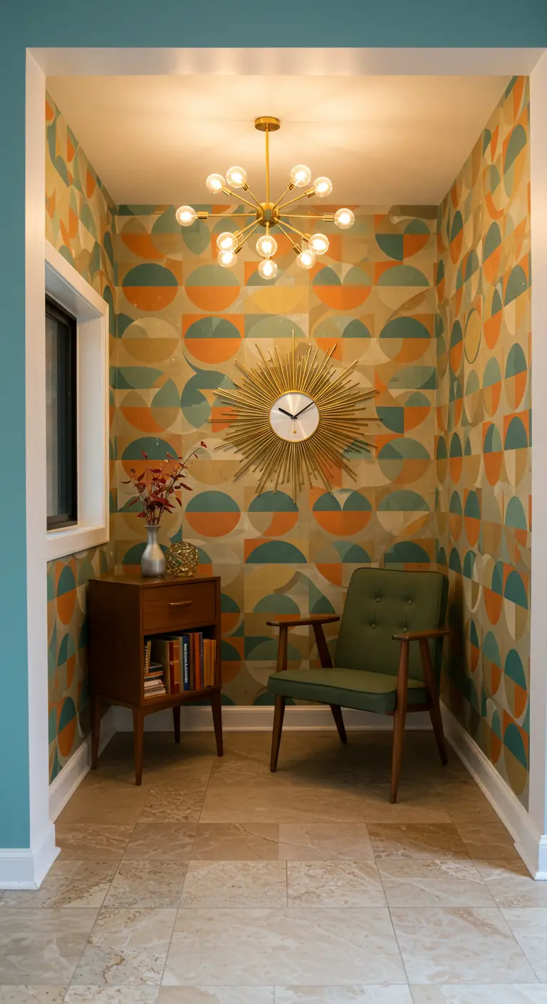 Eine Leseecke im Mid-Century-Stil mit geometrischer Tapete und goldener Sternchenuhr.