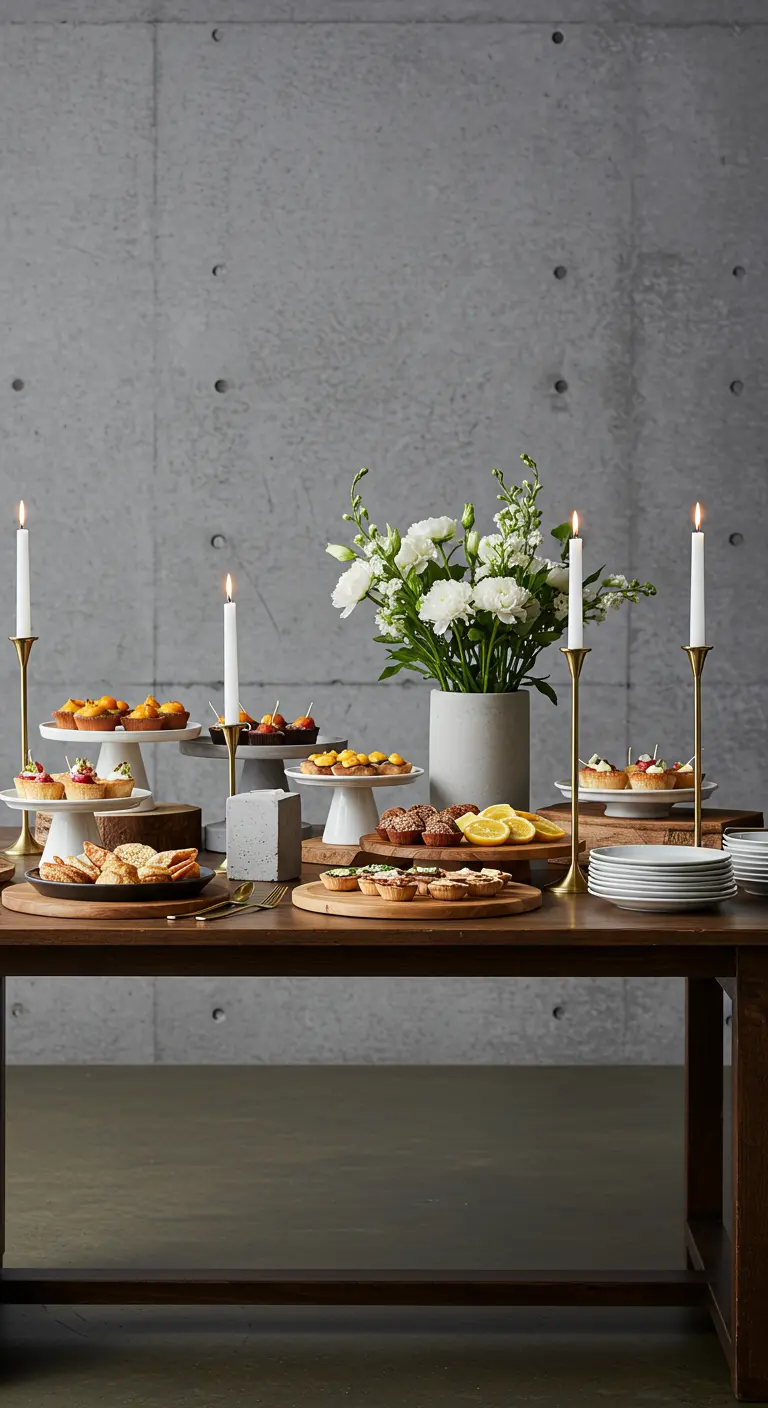 Buffet mit Snacks, weißen Blumen und einer Mischung aus hohen Messing- und einem Beton-Kerzenhalter.