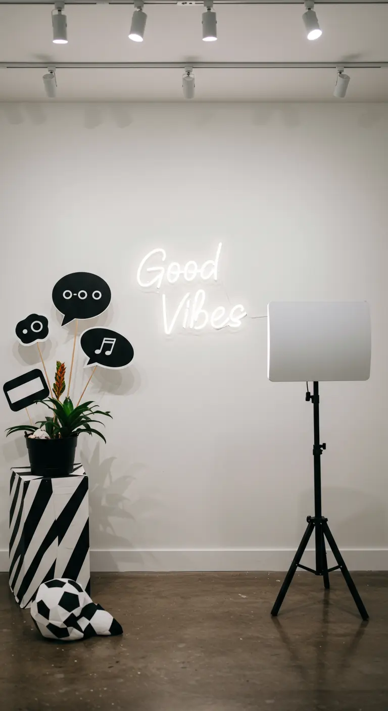 Minimalistischer Photobooth-Bereich mit weißer Wand, Neonschild und professionellem Licht