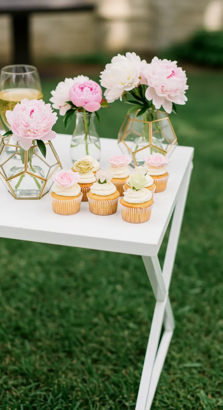 Weißer Beistelltisch im Gras mit Cupcakes und Pfingstrosen in geometrischen Vasen.