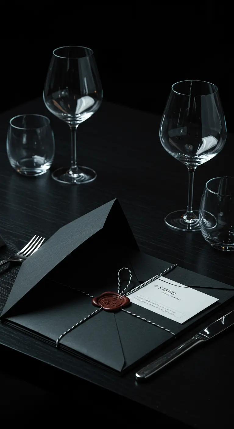 Eine schwarze, versiegelte Menükarte in einem Umschlag auf einem dunklen, minimalistischen Tisch.