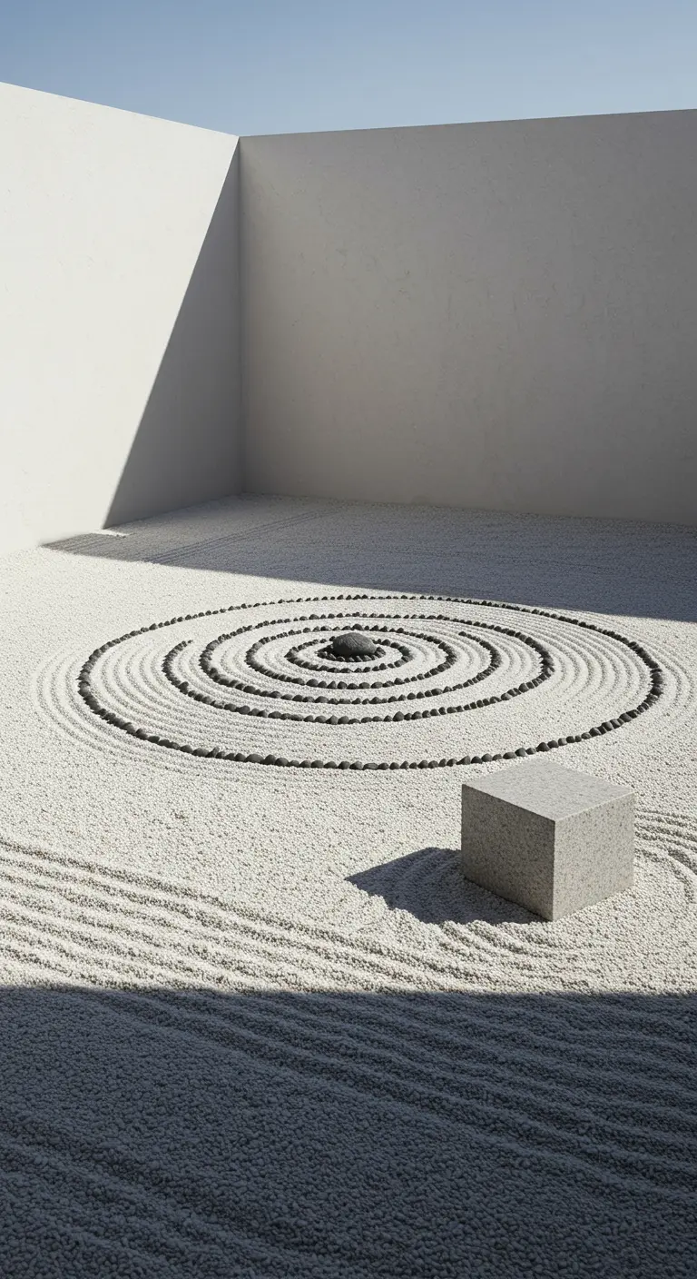 Ein minimalistisches Kiesel-Mandala mit einem schwarzen Loch in der Mitte in einem weißen Betonhof.