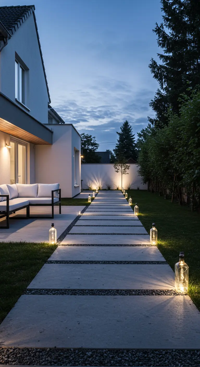 Ein moderner Betonplattenweg, flankiert von identischen, klaren Solar-Flaschenlichtern.