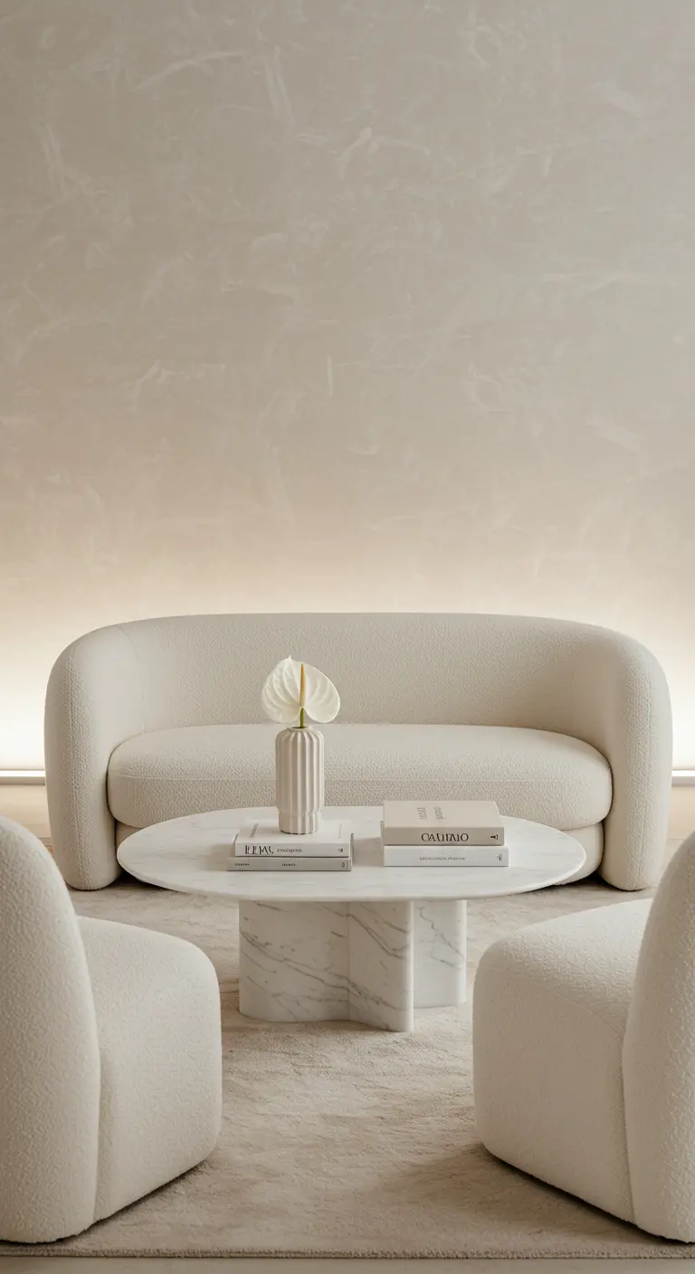 Moderne Lounge-Ecke mit weißem Bouclé-Sofa und einem Couchtisch aus Marmor.