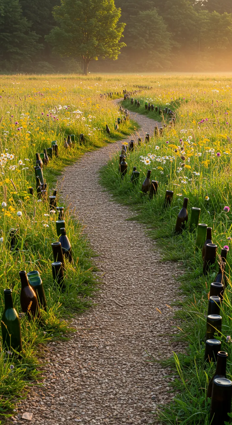 Ein geschwungener Kiesweg durch eine Blumenwiese, gesäumt von einzelnen, dunklen Glasflaschen.