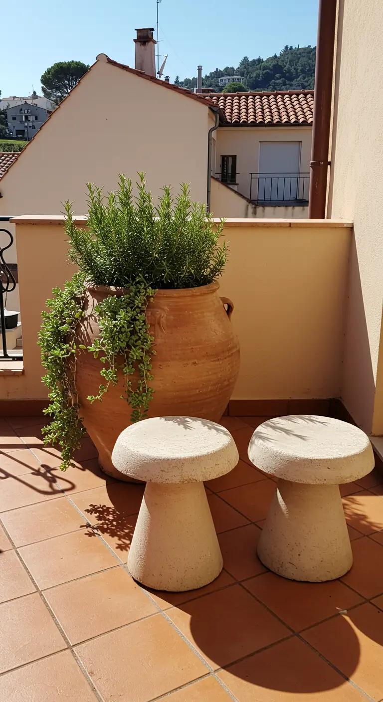 Zwei helle Beton-Pilzhocker auf einem sonnigen Balkon neben einem großen Terrakotta-Topf.