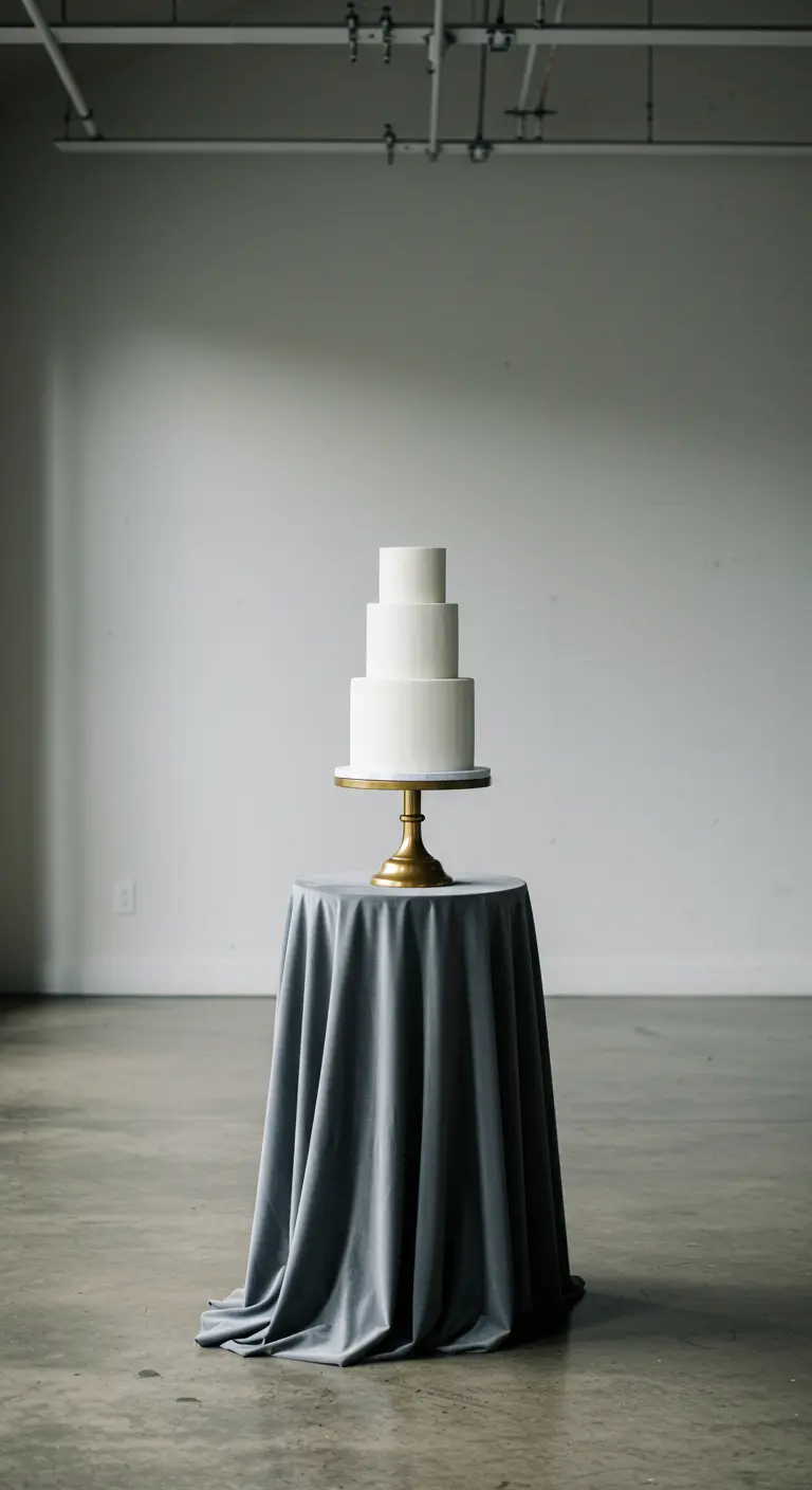 Eine weiße, mehrstöckige Torte auf einem Goldständer steht auf einem Tisch mit grauer Samtdecke