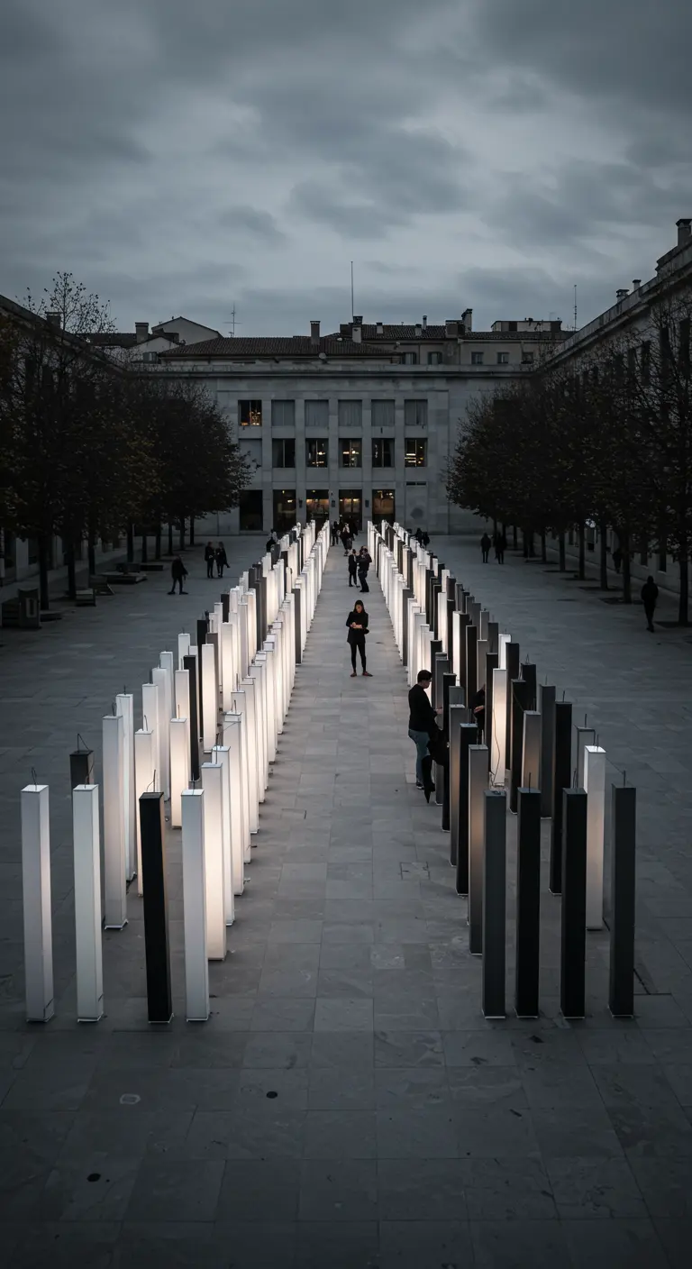 Zwei lange Reihen aus schwarzen und weißen leuchtenden Papiersäulen auf einem Stadtplatz.